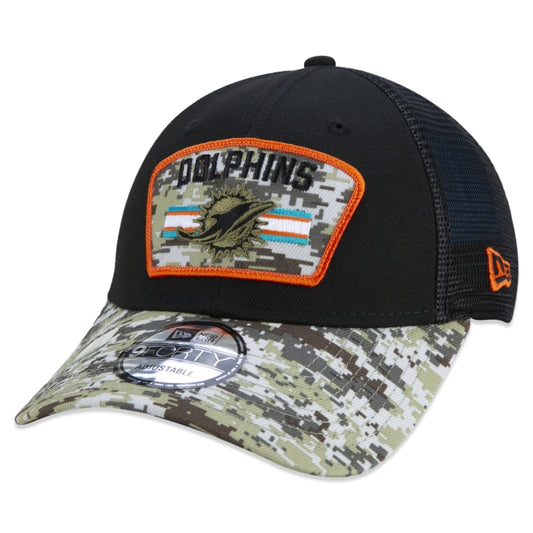 Cappello esclusivo New Era - 9FORTY Trucker Miami Dolphins Salute To Service NFL Snapback a tesa curva Edizione nera