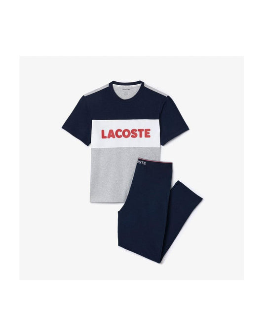 Set pigiama Lacoste a maniche corte e pantaloni a blocchi di colore in blu e grigio