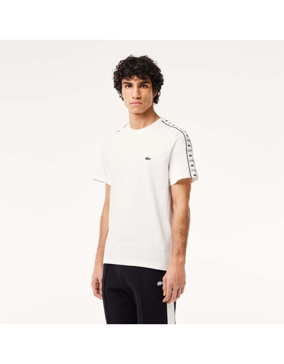 Camiseta masculina Lacoste de algodão branco com logotipo listrado