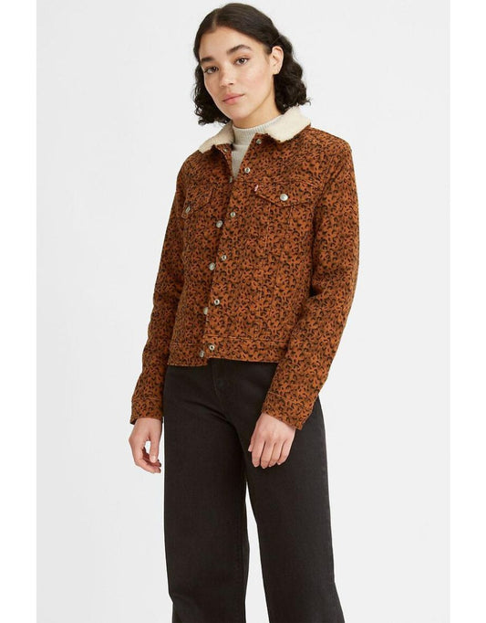 Giacca in misto cotone con stampa leopardata e collo in sherpa