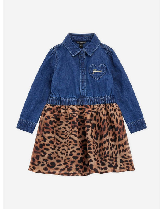 Vestito Guess da bambina in denim blu e stampa leopardata