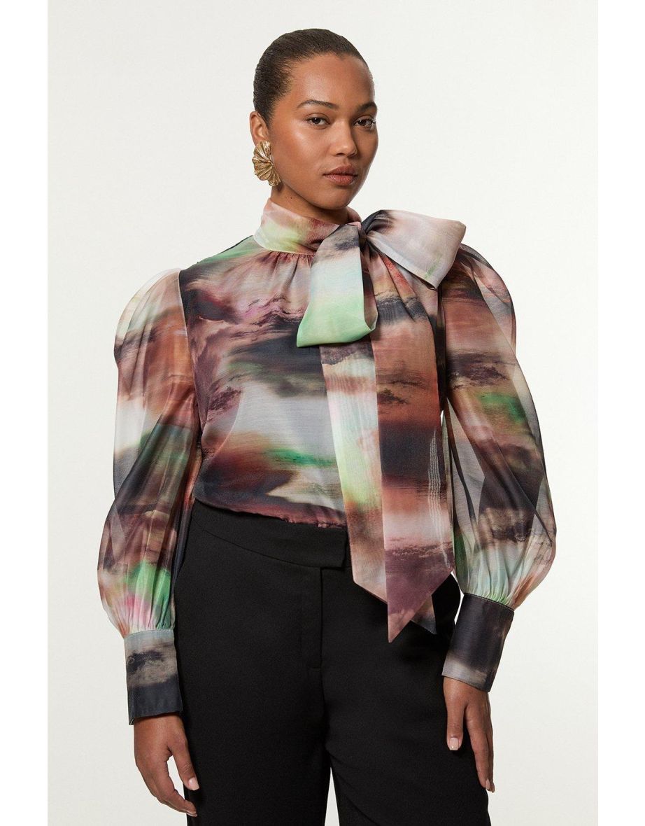 Tallas grandes Blusa organdí jaspeada con lazada