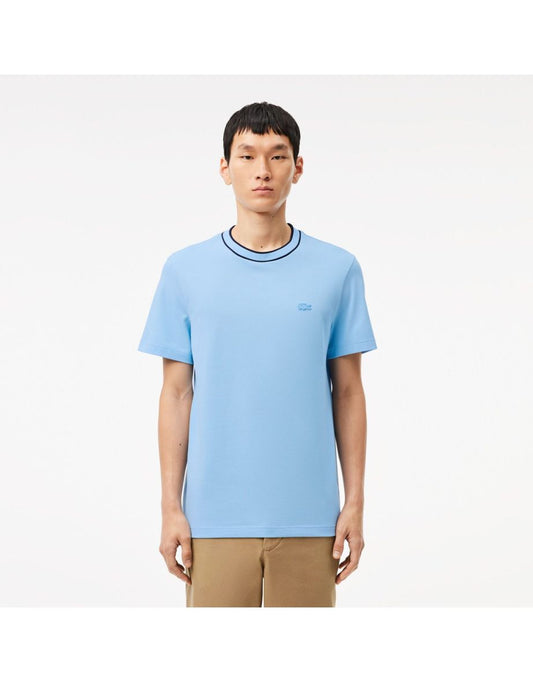 Camiseta masculina Lacoste Stretch Piqué com gola listrada em azul