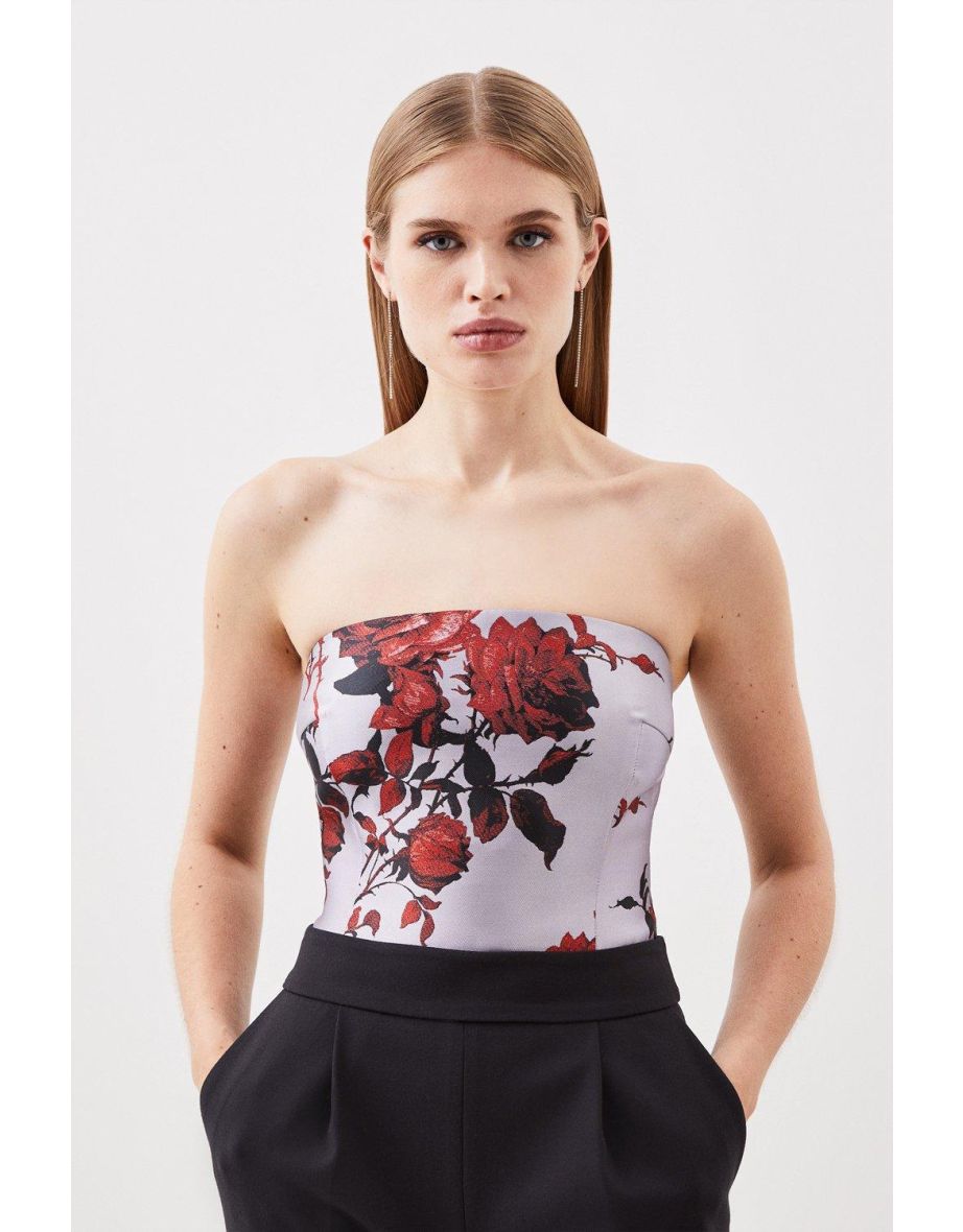 Blusa alta de jacquard floral con paneles de tejido fruncido