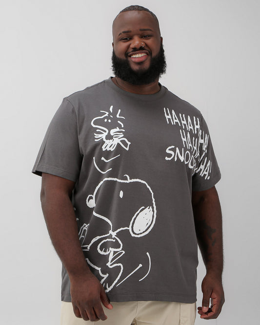Camiseta masculina plus size Snoopy e Woodstock cinza | Peanuts