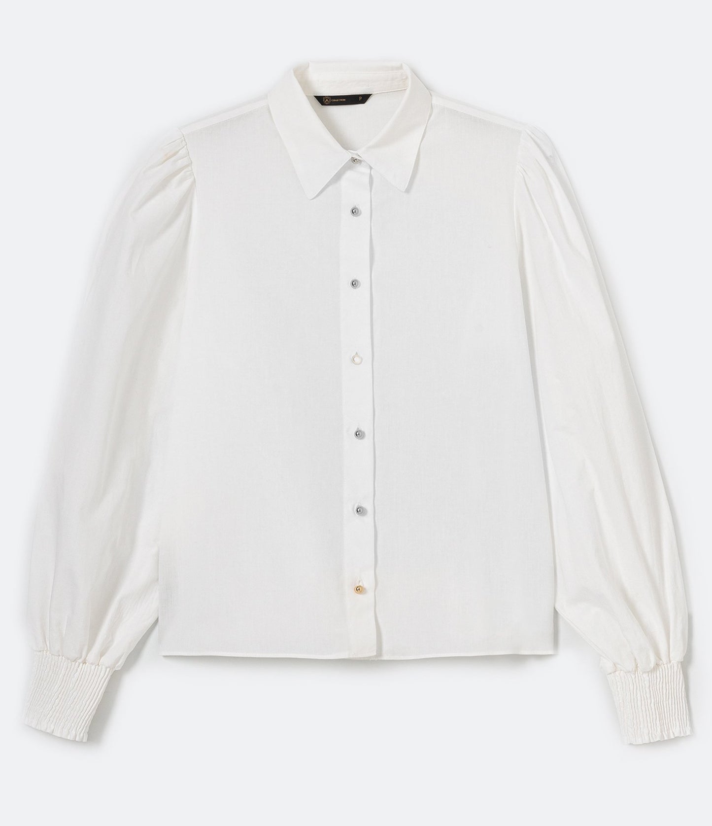 Long Sleeve Puff Blouse in White Polka Dot Tricoline