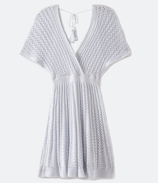 Abito bianco corto in maglia con scollo a V e dettaglio cravatta