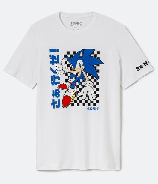 Maglietta bianca a manica corta con stampa sonica