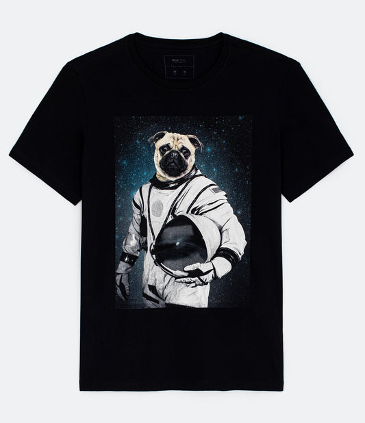 Camiseta negra con estampado de pug astronauta