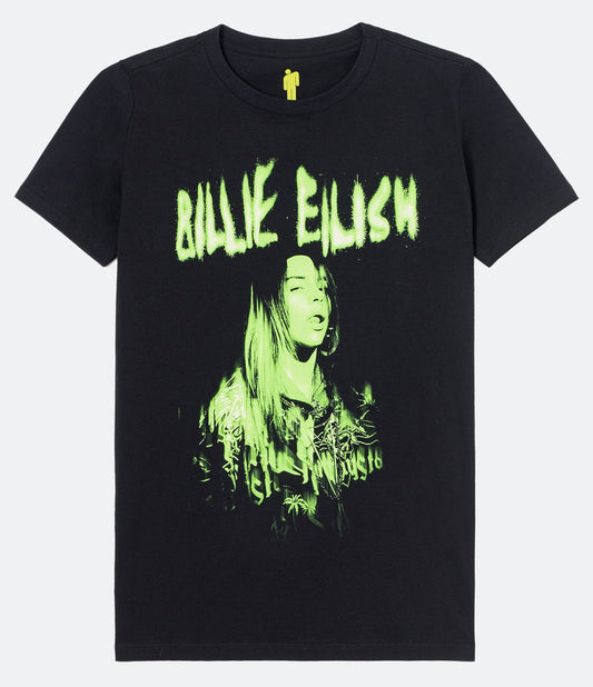 Top de manga corta con estampado fotográfico de Billie Eilish en negro