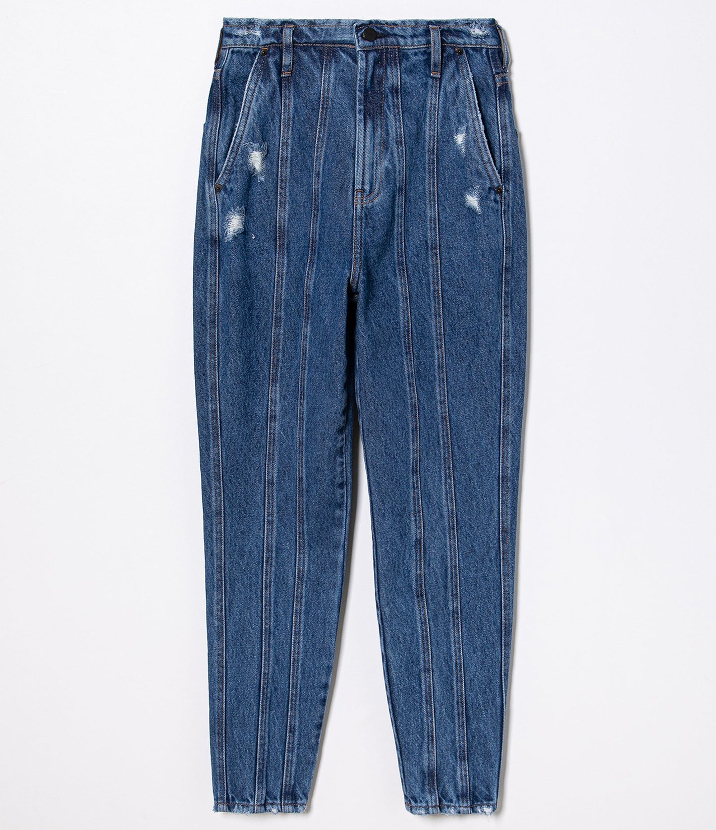 Calça jeans azul para mães com recortes na frente