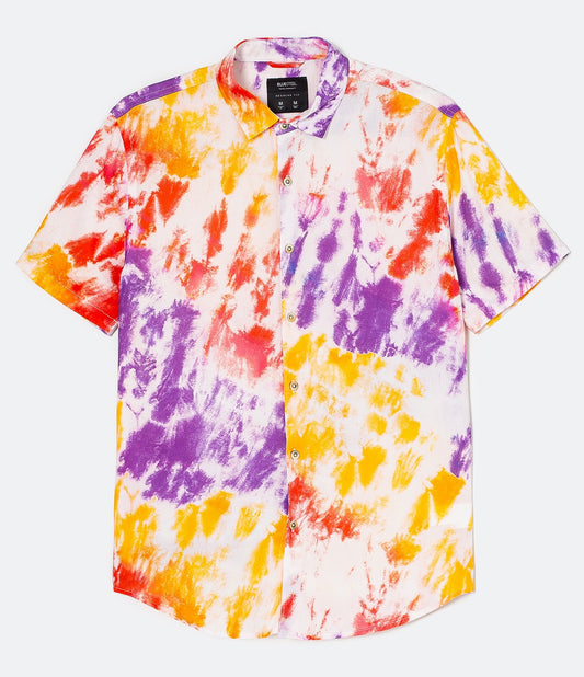 Camisa de viscose de ajuste regular com estampa Tie-Dye multicolorida e mangas curtas
