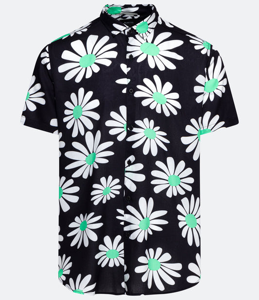 Camisa de manga curta de viscose com estampa floral de margarida preta