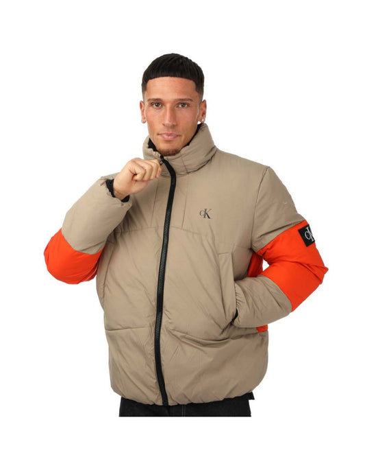 Jaqueta Puffer Calvin Klein Color Block Masculina em Creme