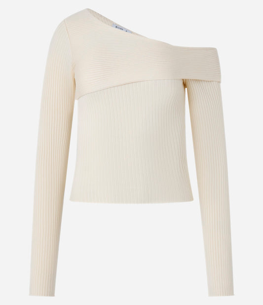 Blusa Bege de Tricô Canelado com Um Ombro Só