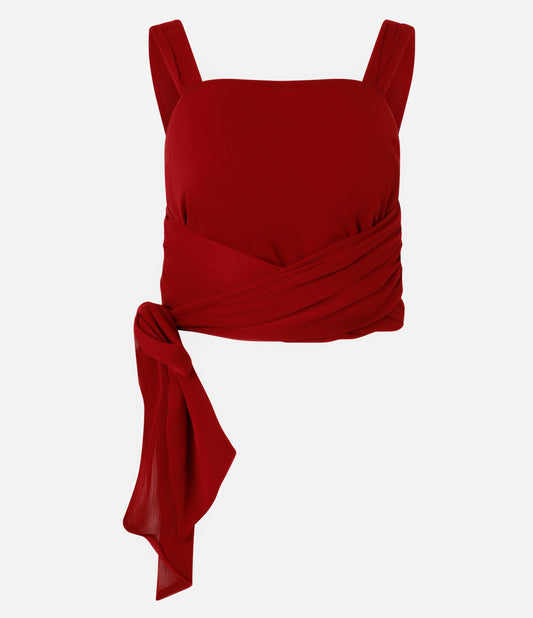 Blusa Vermelha de Crepe com Decote Quadrado e Cós