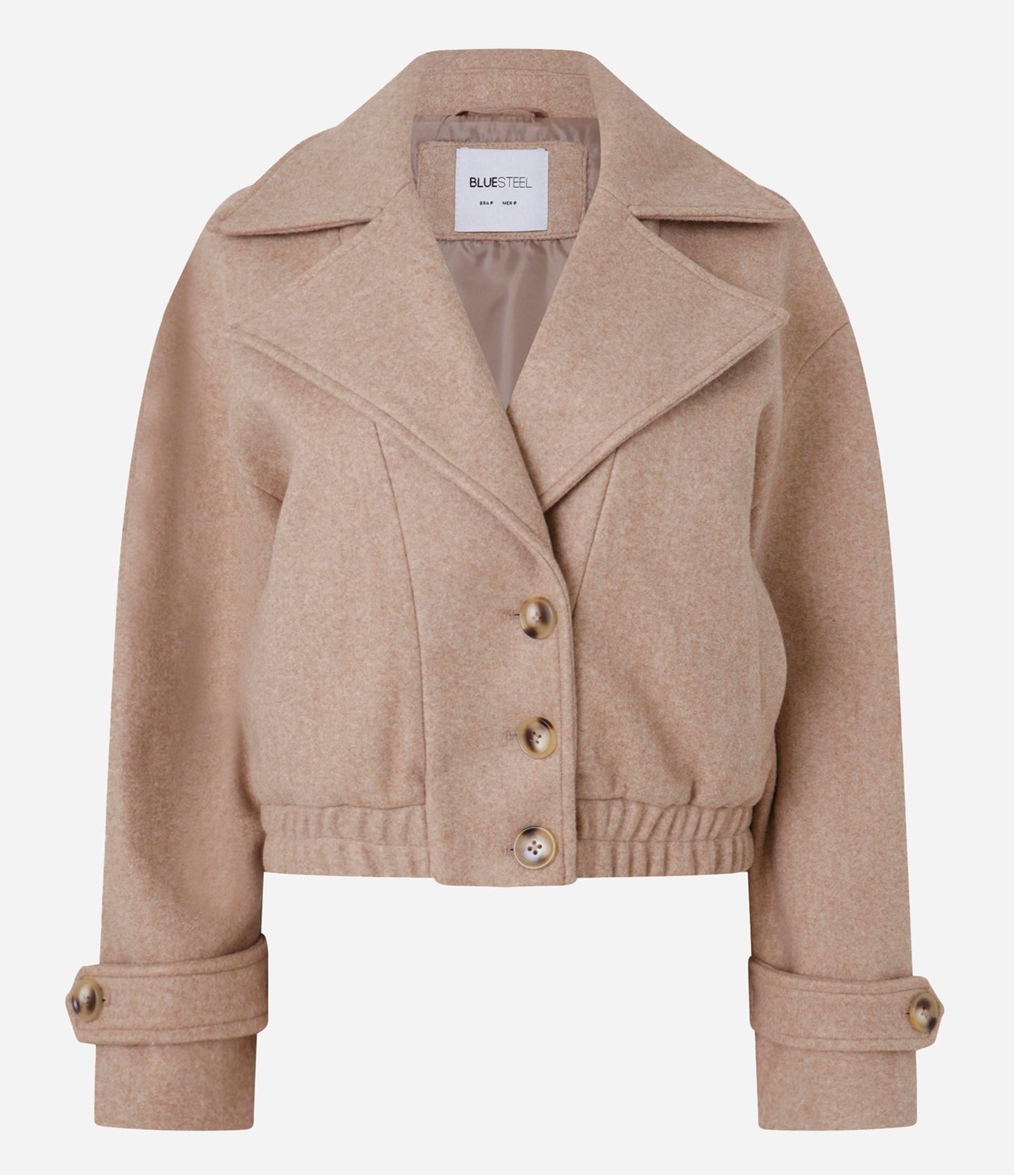 Beige Button-Up Bomber Jacket in Polyvelour with Turned Collar