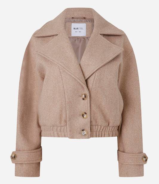 Beige Button-Up Bomber Jacket in Polyvelour with Turned Collar