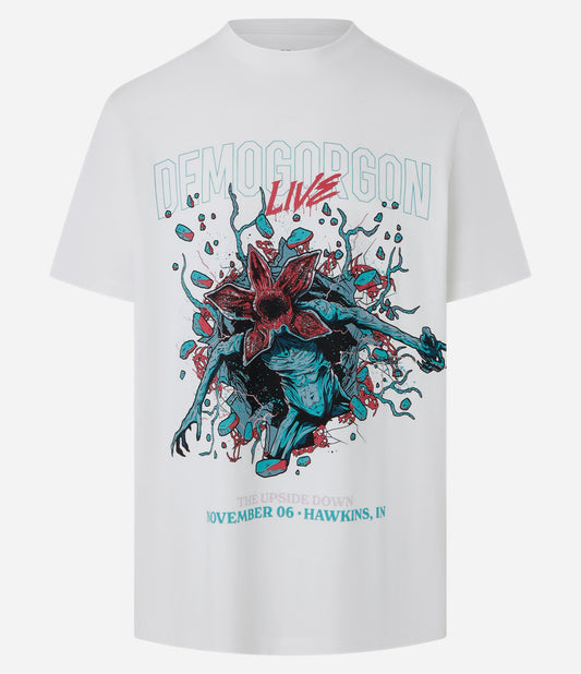 Maglietta bianca in cotone Comfort con stampa di Demogorgon Stranger Things