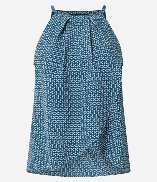 Sleeveless Crepe Blouse with Halter Neck and Blue Geometric Print