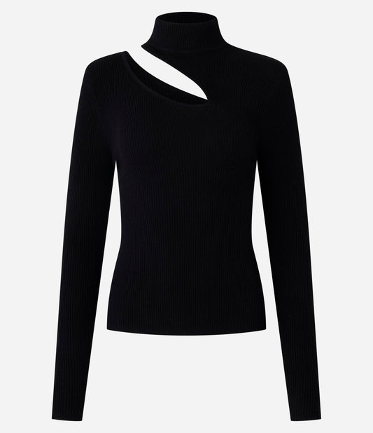 Ribbed Knit Sweater with Shoulder Cutout in Black