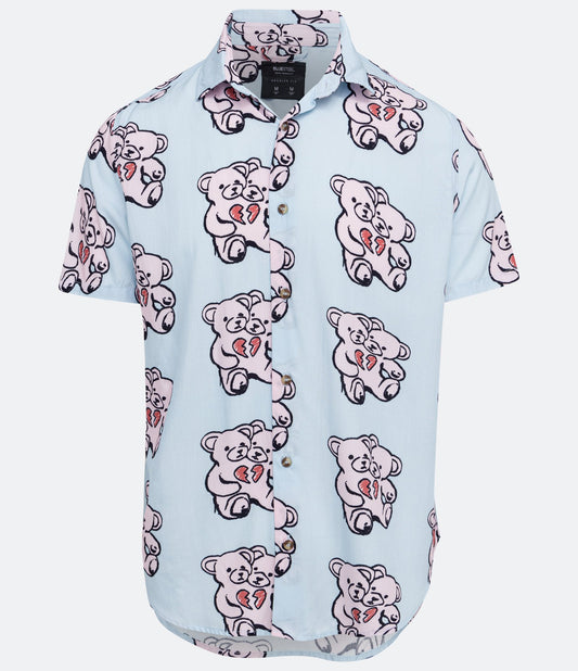 Camisa de manga curta de viscose com estampa de urso de duas cabeças azul