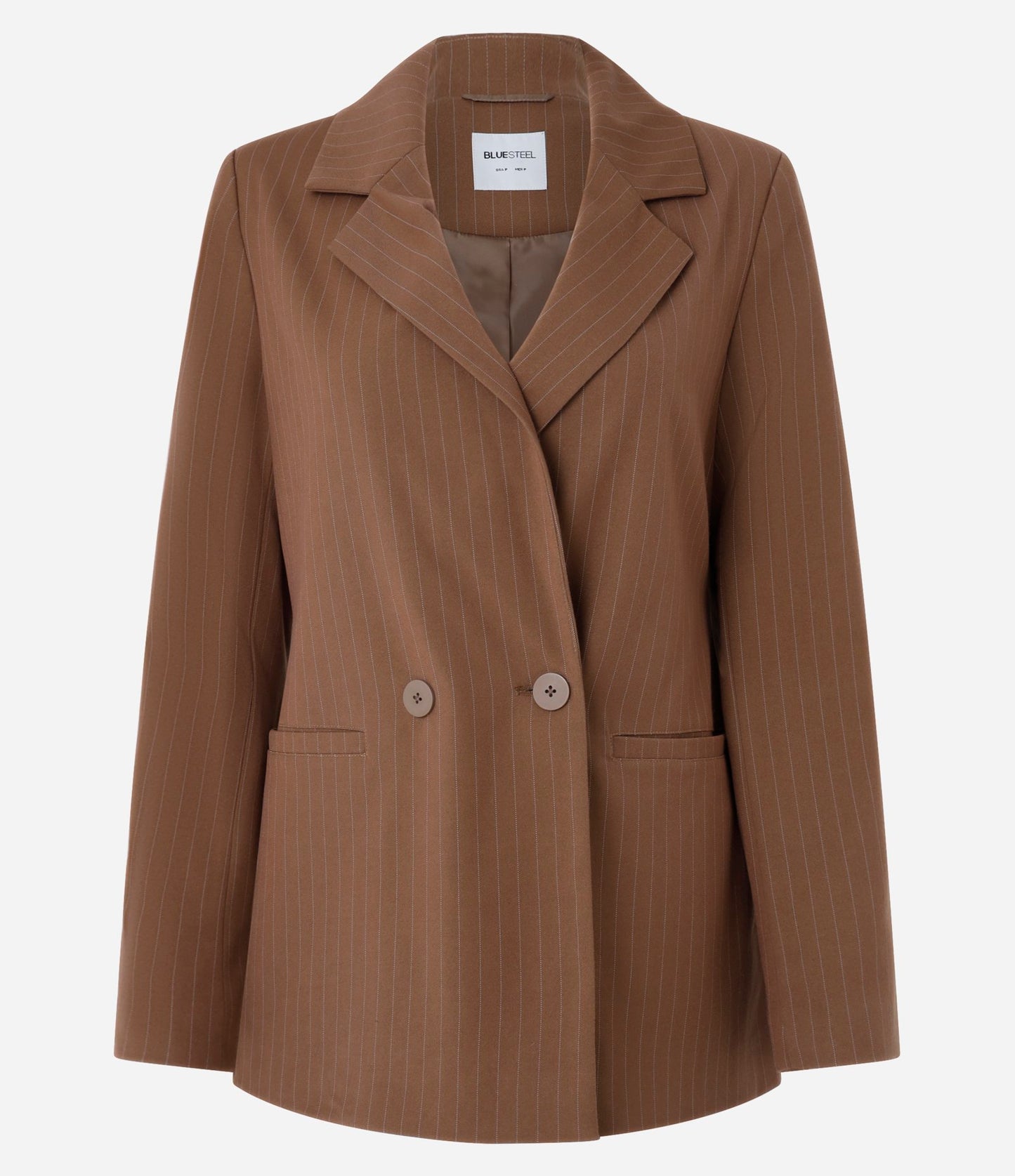 Long Tailored Pinstripe Blazer with Brown Buttons
