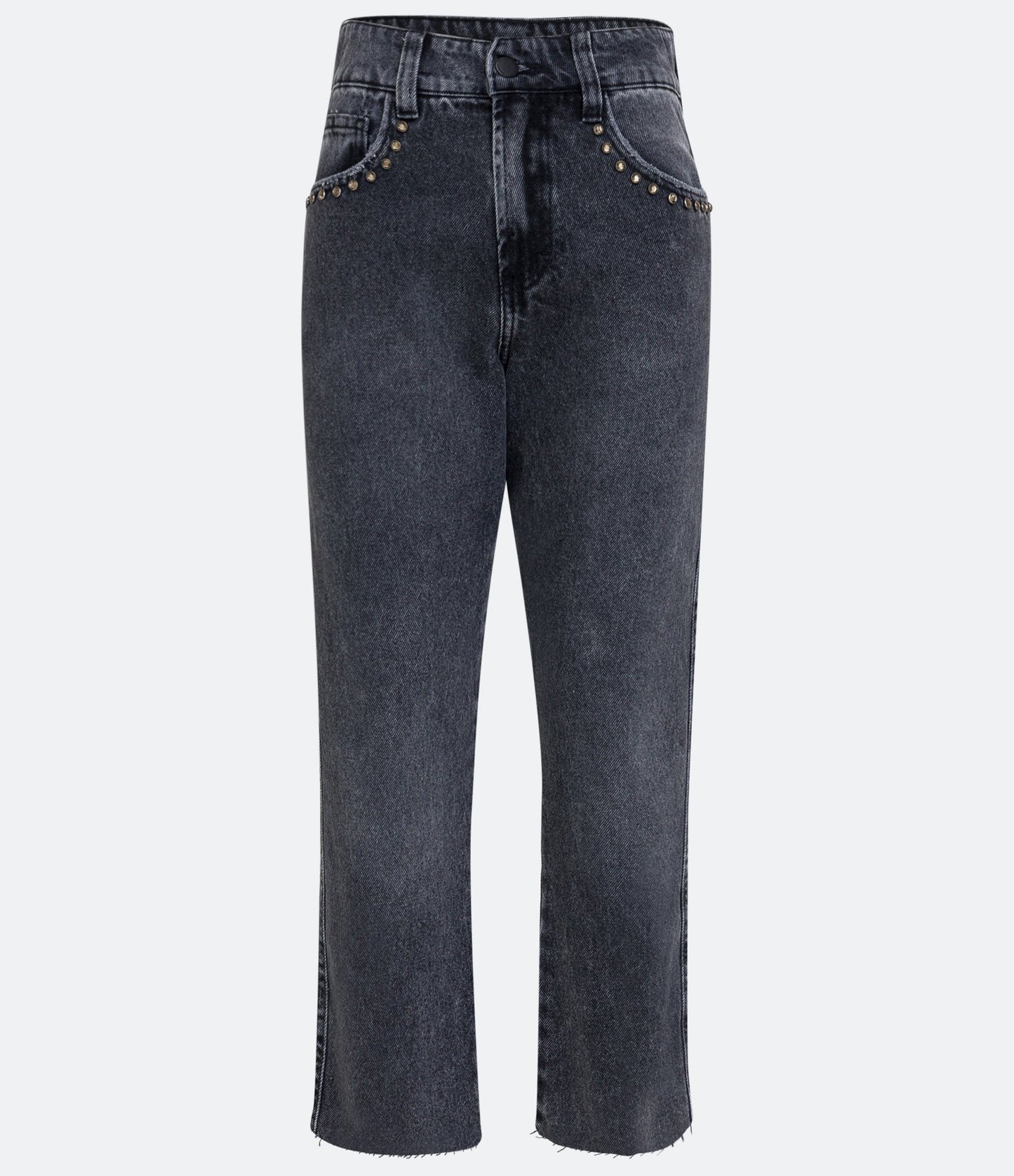 Jeans de cintura alta e perna reta com bolsos cravejados em preto