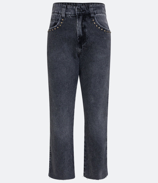 Jeans de cintura alta e perna reta com bolsos cravejados em preto