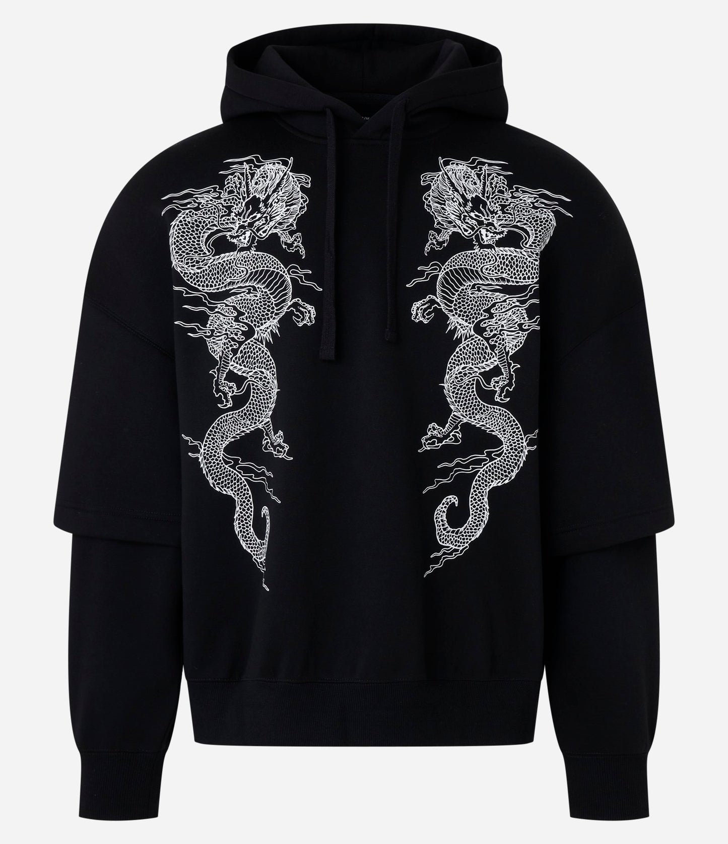Felpa Boxy nera in pile con stampa di un drago e maniche a strati
