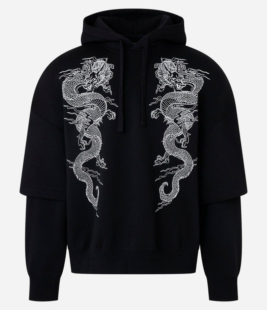Felpa Boxy nera in pile con stampa di un drago e maniche a strati