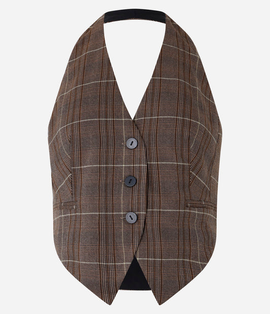 Blusa Colete Halter Sob Medida Xadrez Marrom