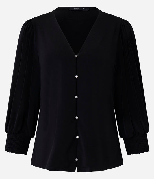 Black Microfiber Blouse with V-Neck and Smocked Cuffs