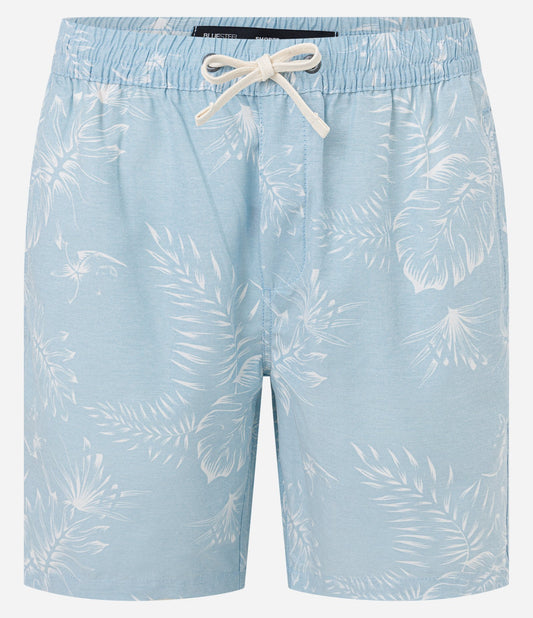 Pantaloncini in twill con stampa a foglie blu ed elastico in vita