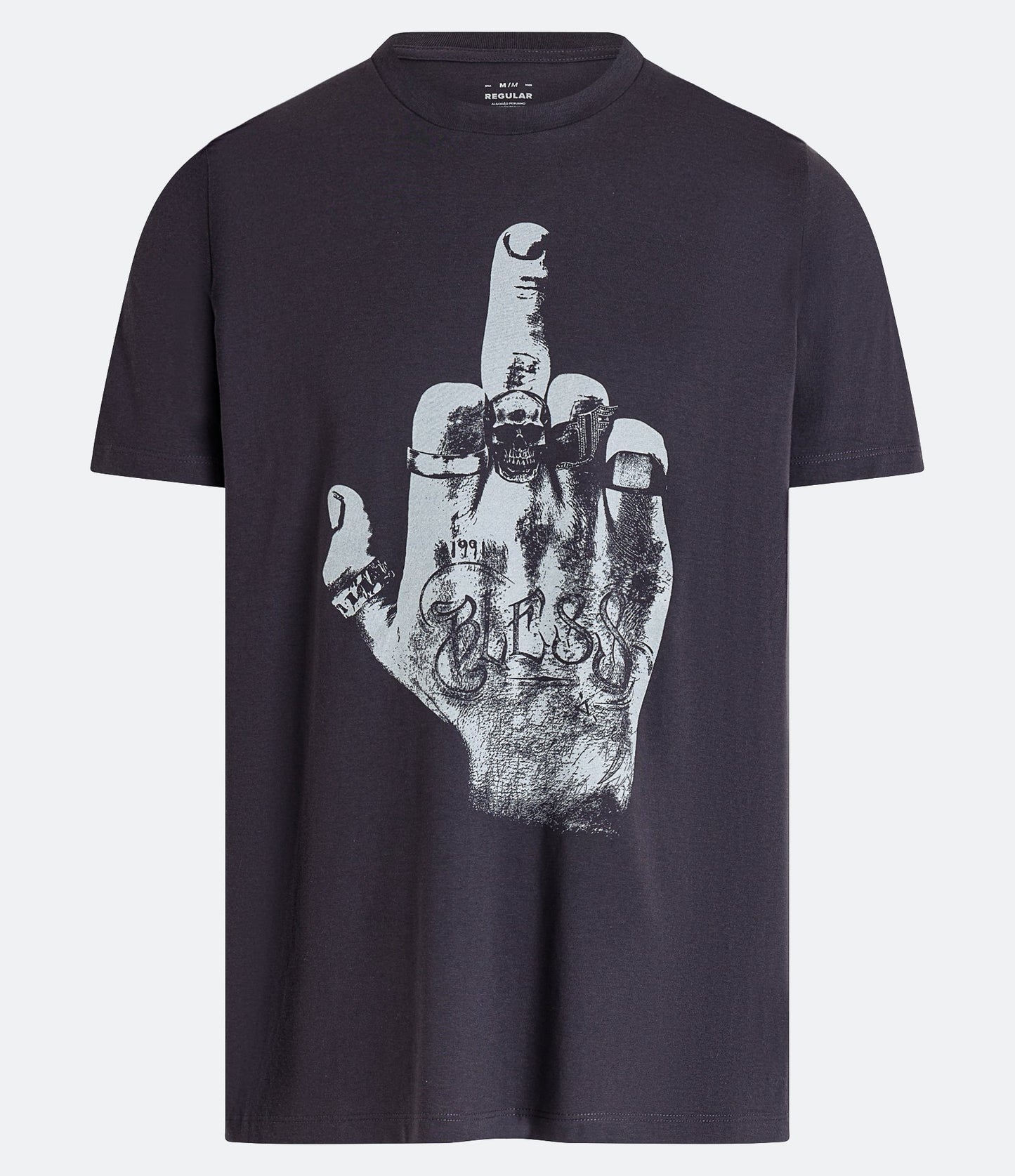Camiseta cinza escuro de ajuste regular com estampa do dedo médio em tecido de meia malha
