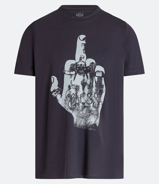 Camiseta cinza escuro de ajuste regular com estampa do dedo médio em tecido de meia malha