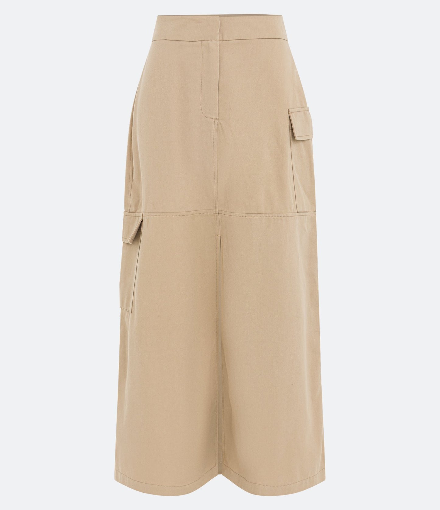 New Beige Midi Skirt in Twill with Cargo Pockets and Front Slit