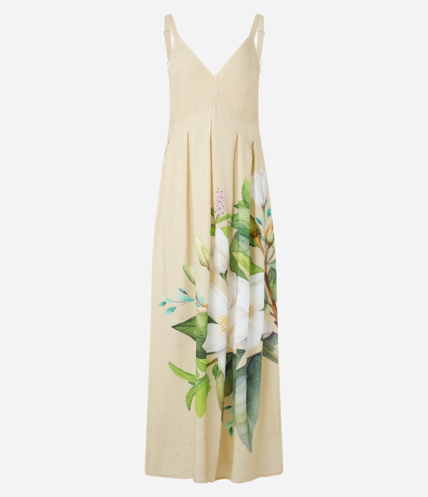 New Beige Floral Print Midi Dress in Viscose with Smocking