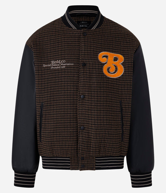 Bomber marrone con stampa ricamata e maniche in PU