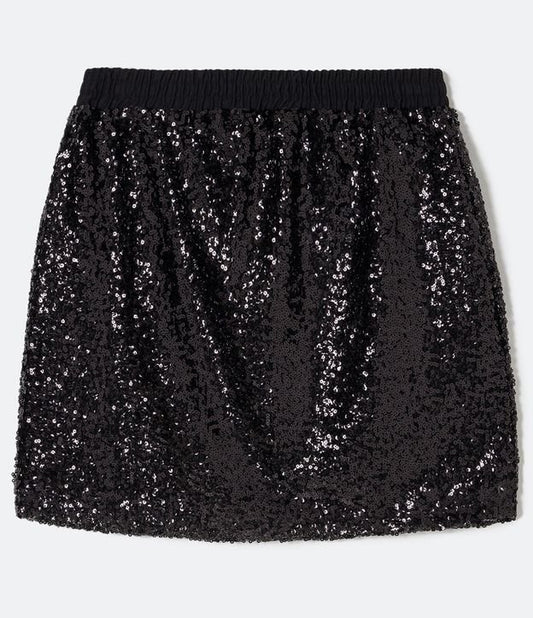 Falda Corta Negra de Punto con Lentejuelas - Curvas y Tallas Grandes