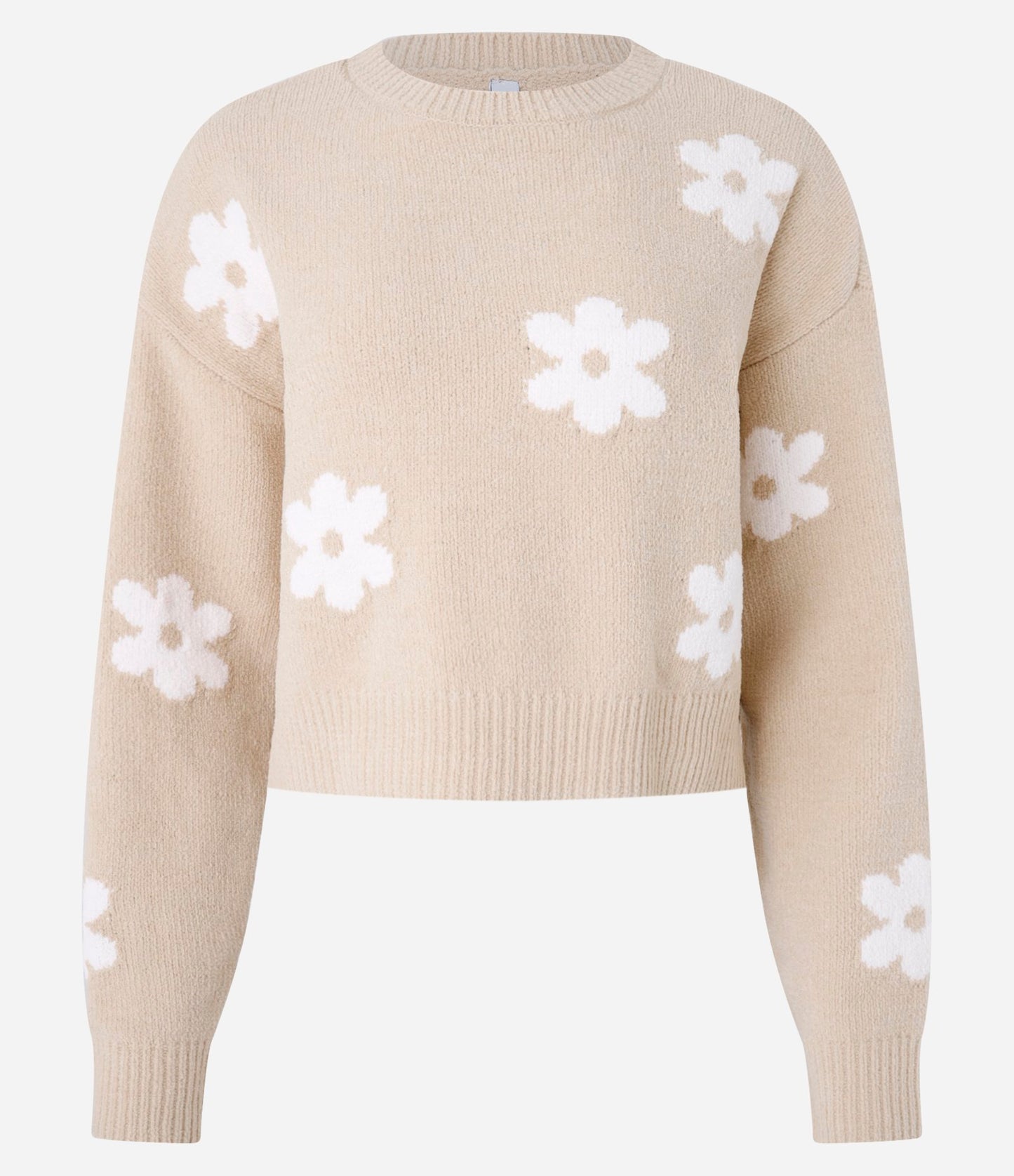 Jersey corto de jacquard de chenilla con hombros caídos y estampado floral beige