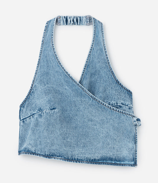 Top in denim con scollo ad aletta Unique Curve & Plus Size Blu