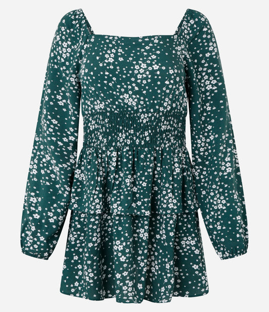 Abito corto in viscosa Liberty floreale con smock e volant verde