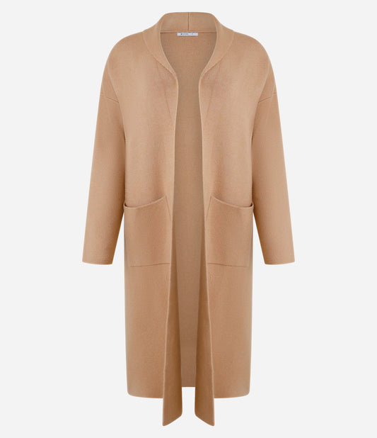Cardigan lungo in maglia con spalle scese e tasche beige