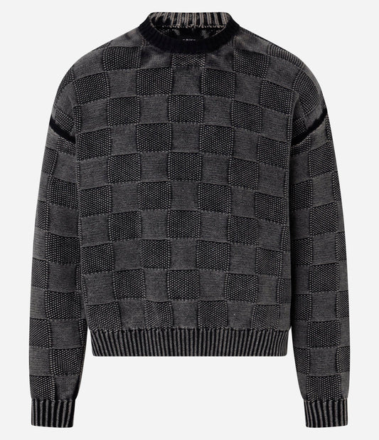 Maglione a quadri in cotone sbiadito con texture jacquard e plaid nero