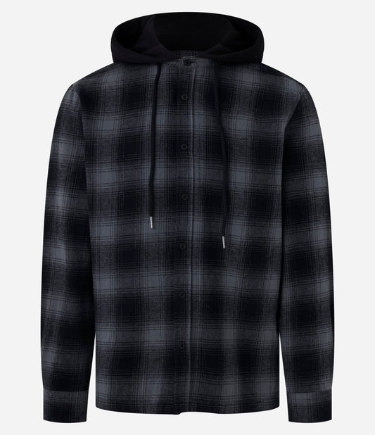 Camicia comfort in flanella a quadri neri con cappuccio