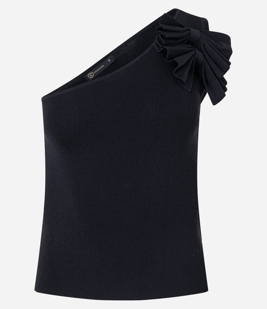 One-Shoulder Knit Top with Black Bows