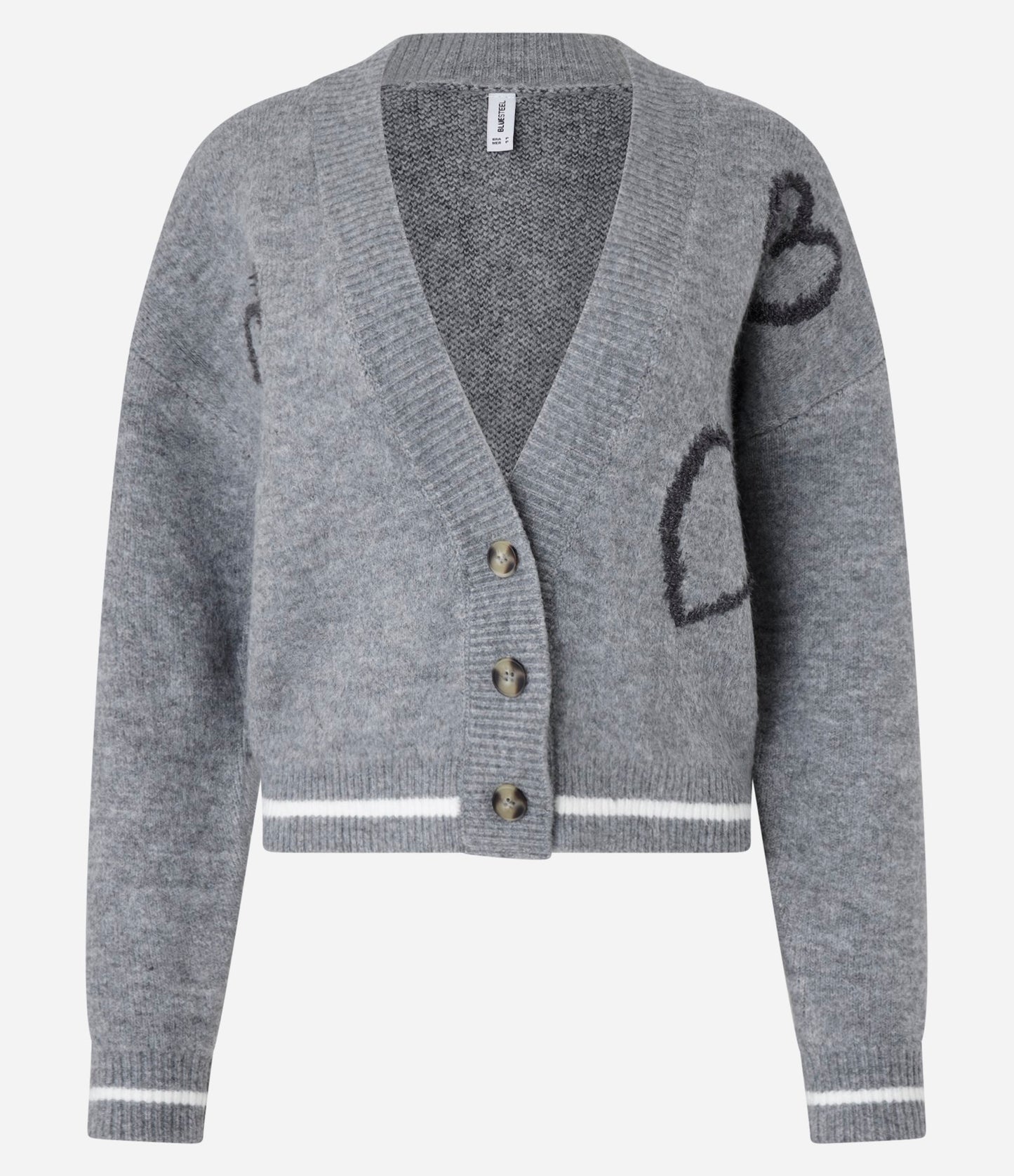 Cardigan a maglia corta con bottoni e stampa a cuore grigio