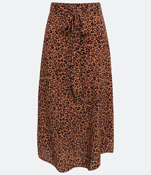 Gonna midi in viscosa con laccetto in vita e stampa leopardo marrone