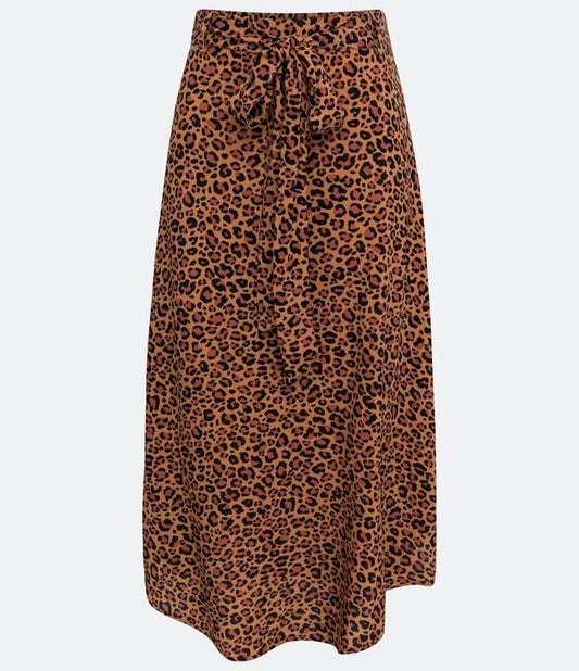 Gonna midi in viscosa con laccetto in vita e stampa leopardo marrone